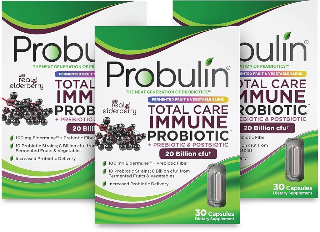 Probulin Total Care Immune = Prebiotici + Probiotici + Postbiotici + Elderberry per sostenere Immune & Gut Health - 20 miliardi CFU - 10 Strains - 30 Vegan Capsules (Pack of 3)