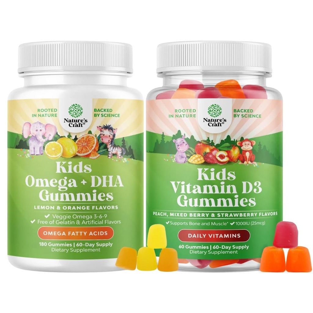 Bundle di Omega DHA Gummies per i bambini - acidi grassi Omega 3 6 9 - vitamina C per cervello, immunità e visione e vitamina D Gummies per i bambini - 1000 IU per il servizio - Immune supporto muscolare denti & Bone salute