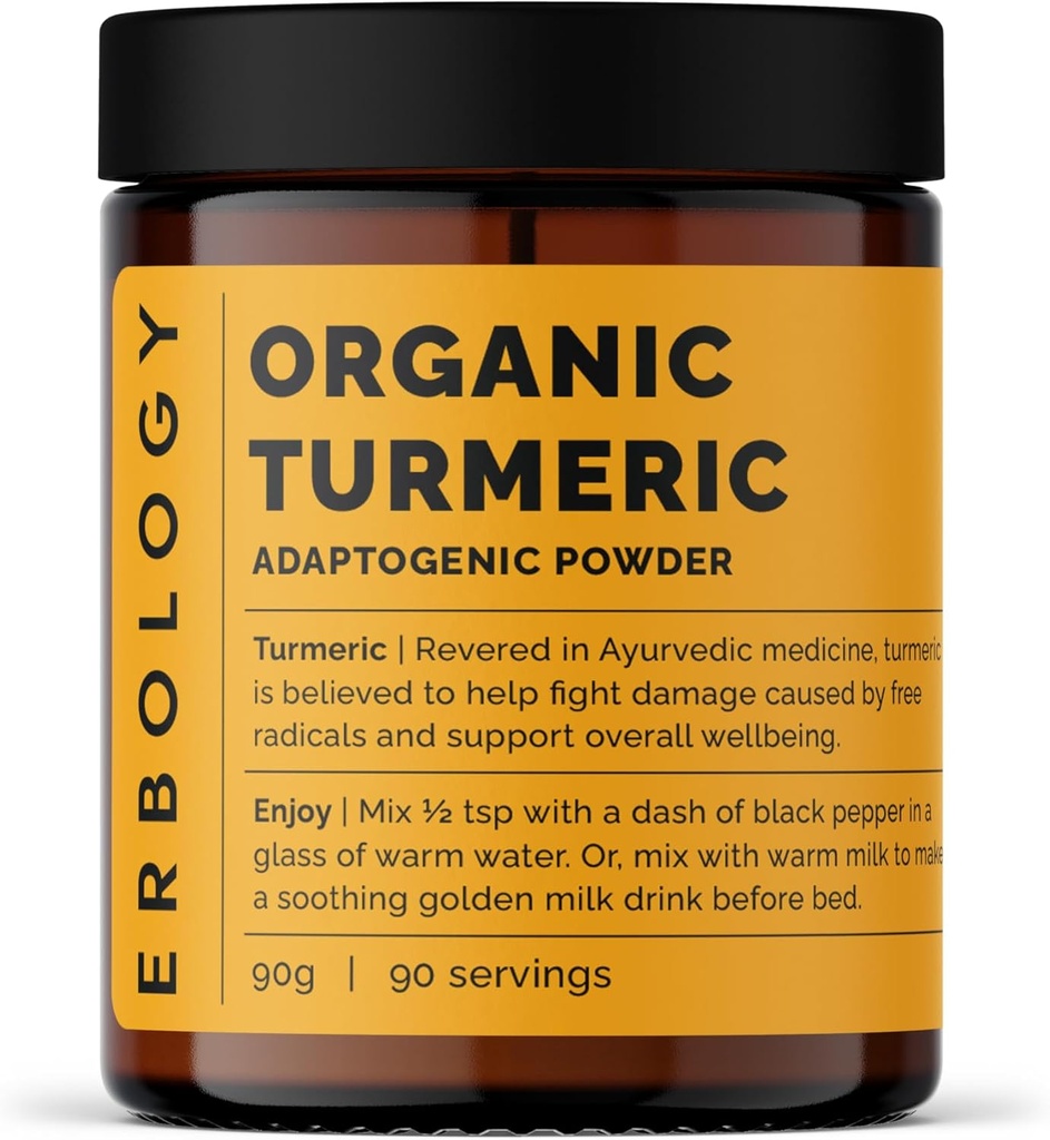 Erbology Organic Turmeric Powder 3.2 oz - 90 Serve - 5,5% Curcumina - No Additivi o Preservativi - Sostenibilmente Sourced Straight from Farm in India - Vegan - OGM-Free