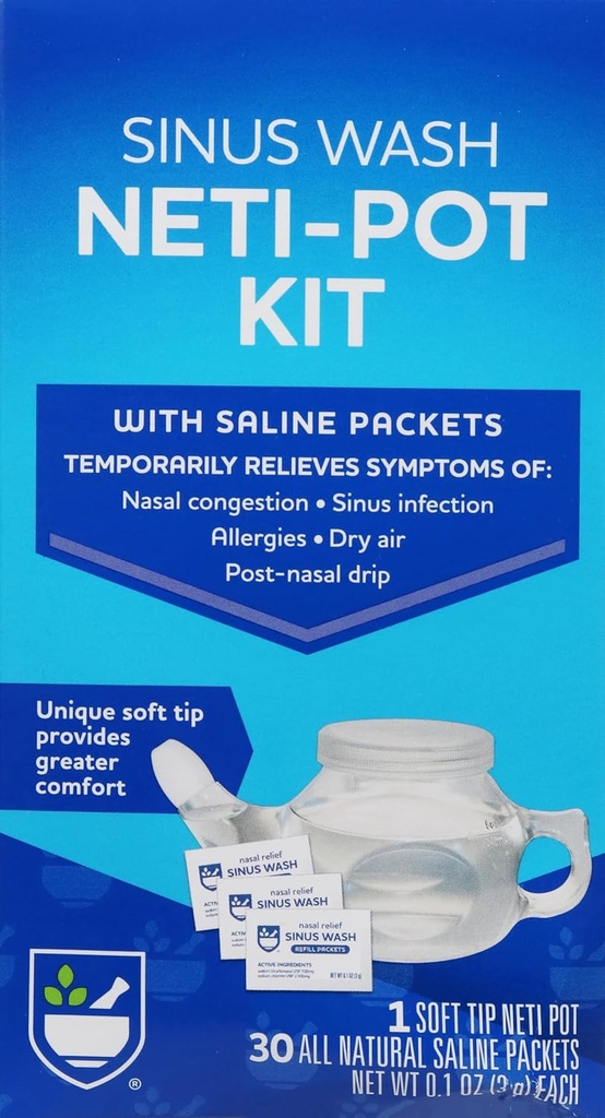 Rite Aid Neti Pot Nasal Rinse Kit con 30 Salt Packets - 1 Kit | Sinus Rinse per adulti e bambini | Sinus Relief