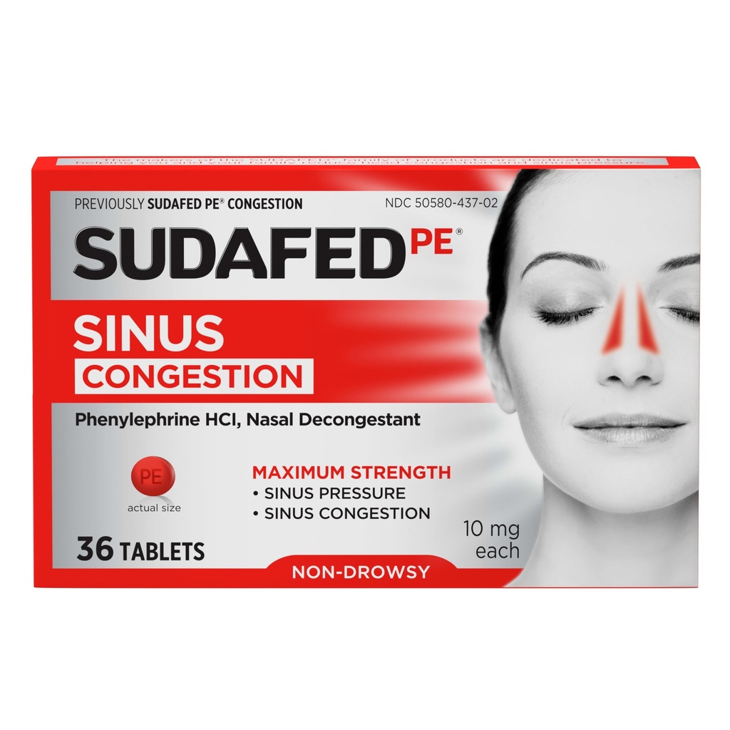 Compresse di sollievo della congestione del seno PE improvvisi, resistenza massima, non sonnolenza 10 mg Phenylephrine HCI Decongestant per la pressione del seno e la congestione nasale sollievo, a causa di freddo o allergie, 36 ct