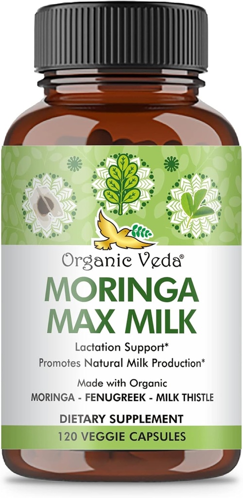 Organic Veda Moringa Max Milk Lactation Supplemento (120 capsule) - 1800mg Super Strength Organic Vegan Complex with Fenugreek, Milk Thistle, Moringa Leaf & Seeds for Breastfeeding Milk Supply