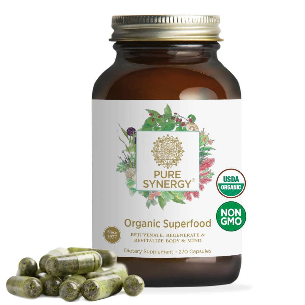 PURE SYNERGY Superfood Capsule | Organic Superfood & Greens Supplemento | Whole Foods Like Super Greens, Spirulina, & Mushrooms | for Energy, Healthy Aging & Immune Health (270 Capsule)