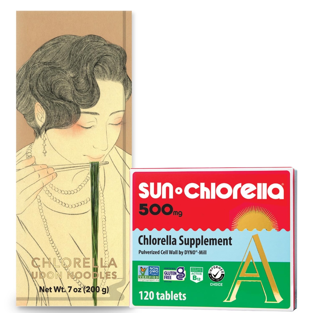 Sun Chlorella Green Goodness Bundle - 500mg Superfood, Non OGM 120 compresse + Udon Noodles Chlorella, pronto a cucinare, Vegan, Vegetariano 7.8 oz (4 Serve)