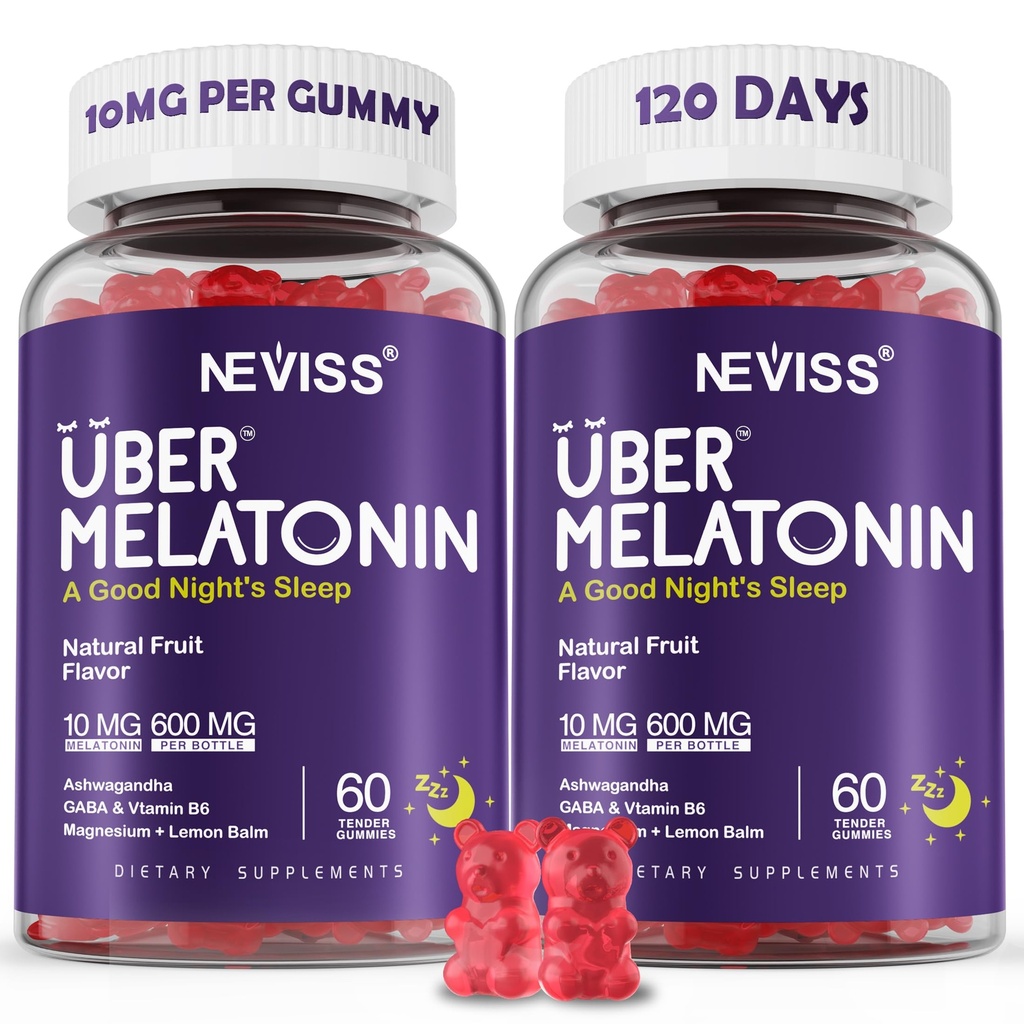 Melatonin Gummies 10mg 20mg per Adulti, Melatonina 10 mg per pancia con Ashwagandha, Magnesium Glycinate, GABA, L-teanina, Valerian Root & Lemon Balm, Rest Support Supplemento, Grape Flavor, 2-Pack