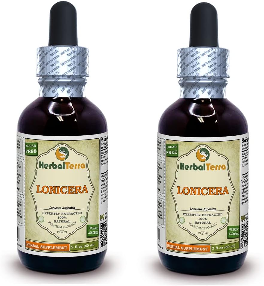 Lonicera (Lonicera Japonica) Tintura, Dried Flowers Liquid Extract (Nome di base: HerbalTerra, Realizzato in USA) 2x2 fl.oz (2x60 ml)