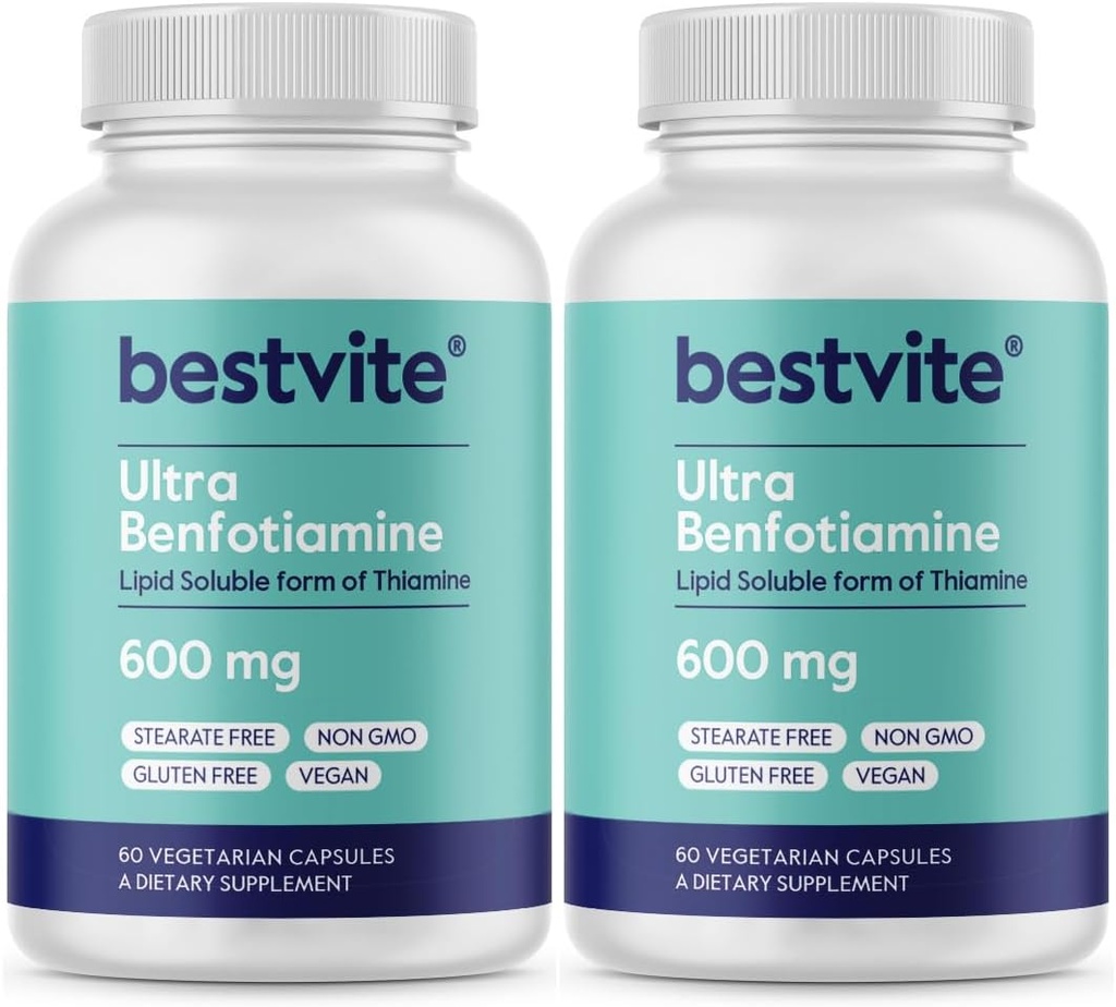 Ultra Benfotiamine 600 mg per capsula (120 capsule vegetariane) (60x2) No Stearates - No Diossido di silicio - Vegan - Non OGM - Gluten Free - Massima resistenza Benfotiamine
