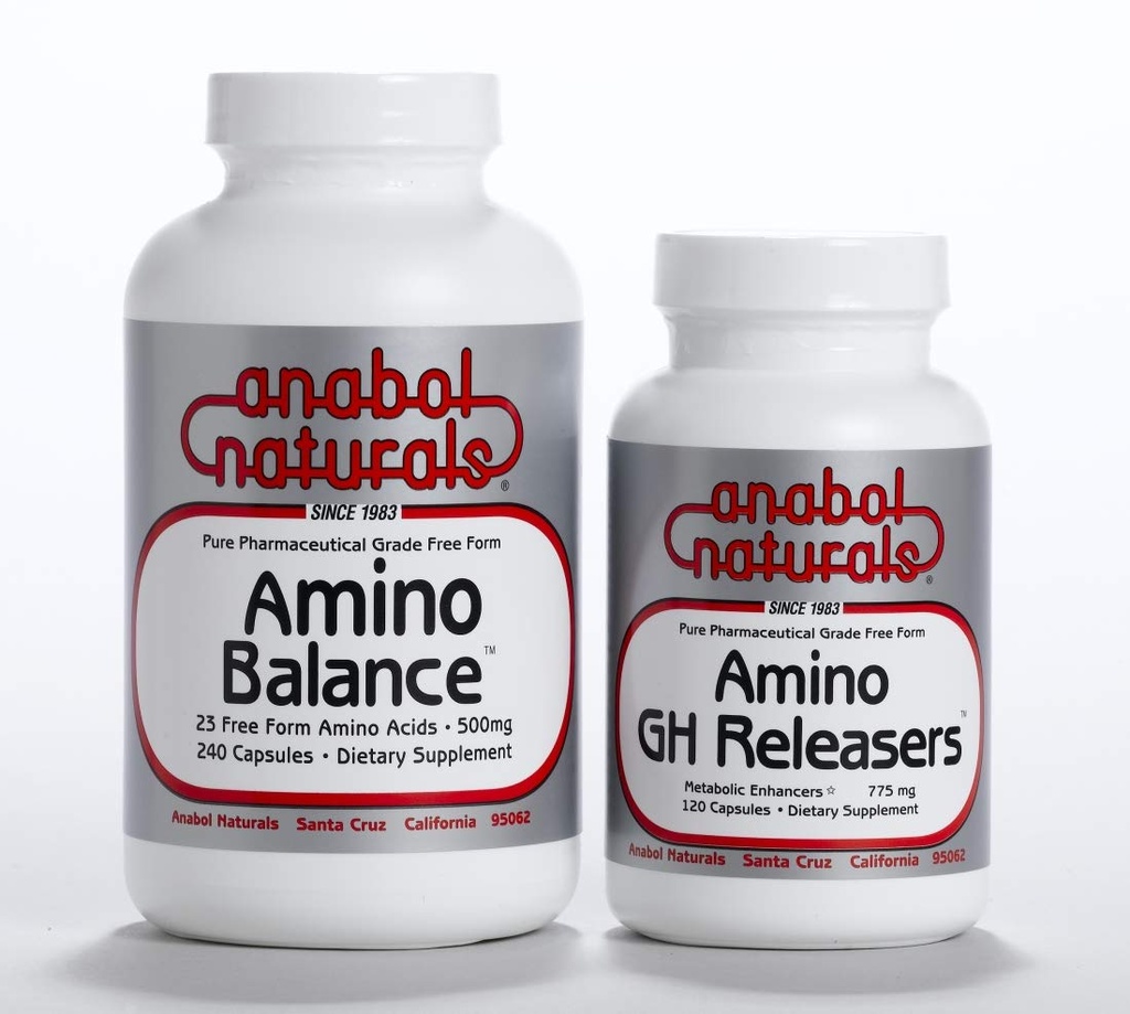 Physique Stack–Amino Balance 240 caps Formula di forma libera completa con BCAA e EAA per il recupero del muscolo. Amino GHReleasers 120 caps Pre-Workout con L-Arginina e L-Glutamina per la crescita muscolare magra