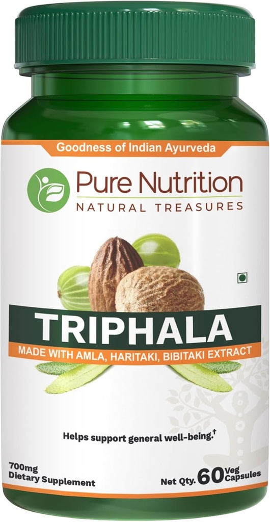 Pure Nutrition Triphala Extract 700mg - 60 Caps (Extract Equiv. to 1900mg Triphala Fruit Powder) Non OGM | Una volta al giorno | 60 giorni di alimentazione.