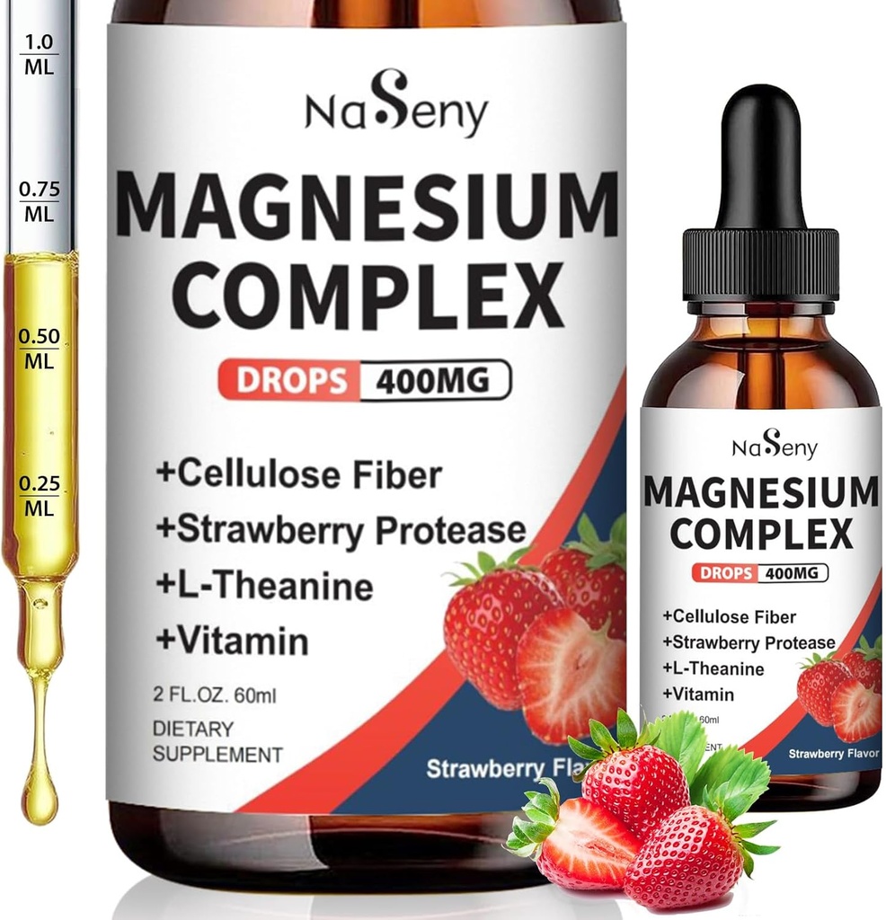 Magnesio Glycinate Liquid 400mg, Alto Assorbimento Magnesio Complessivamente con Vitamina B6, D, C per sostenere il sonno, Muscolo, Nerve Health, Non OGM Gluten Free Vegan (2 Fl Oz/Strawberry)