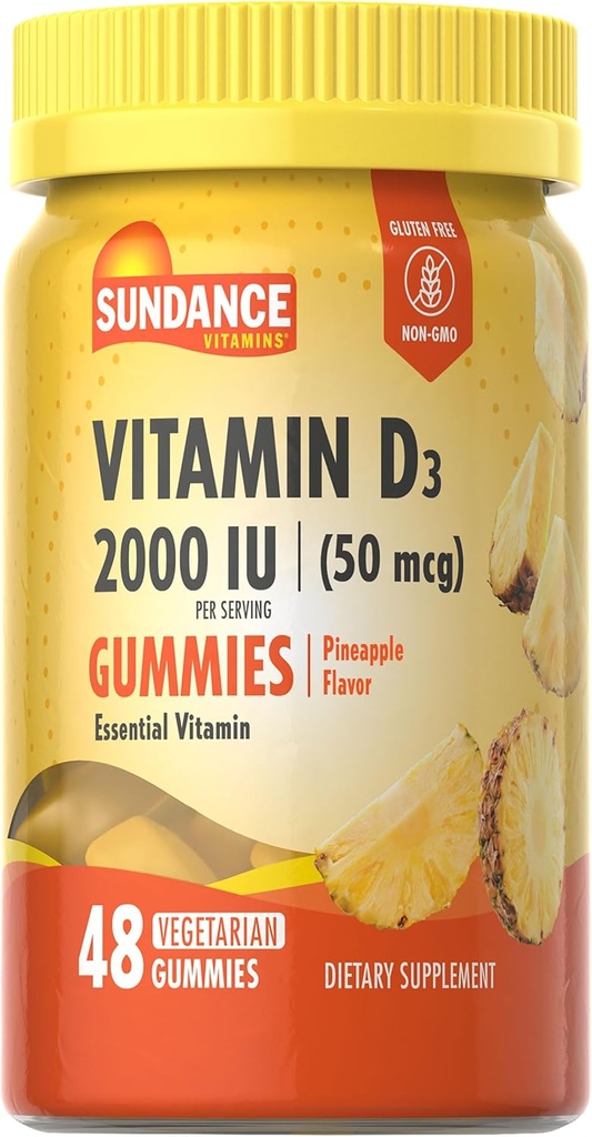 Sundance Vitamin D3 Gummies | 2000 IU | 48 Count | Ananas Flavor | Vegetariano, Non OGM e Gluten