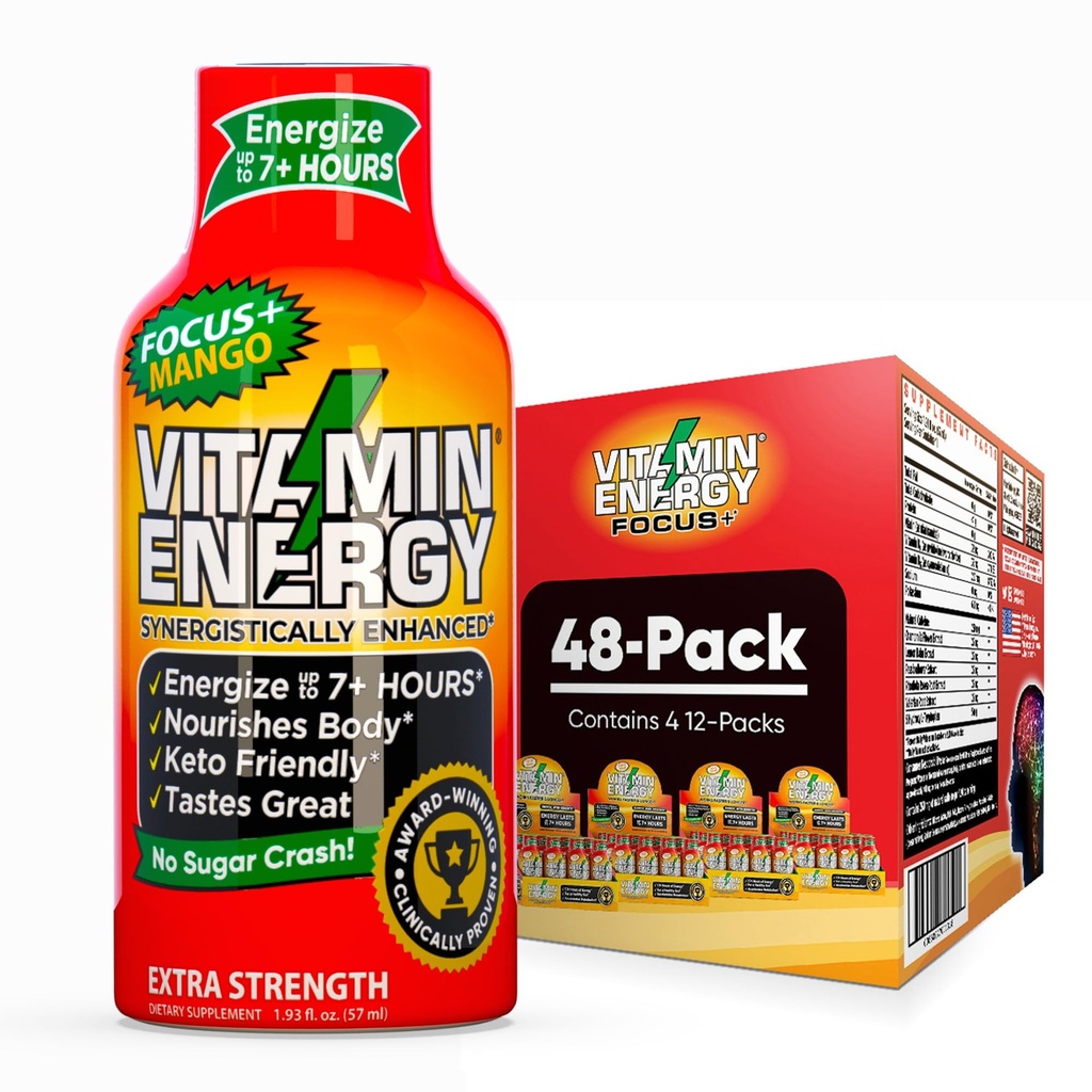 Vitamin Energy Focus+ Extra Strength Energy Shot Mango 48 Pack, 260mg Natural Caffeine, B-Vitamins, CoQ10, Aminoacidi, Focus, Produttività & Clarity, Zero Sugar, Gluten-Free, 1.93 fl oz