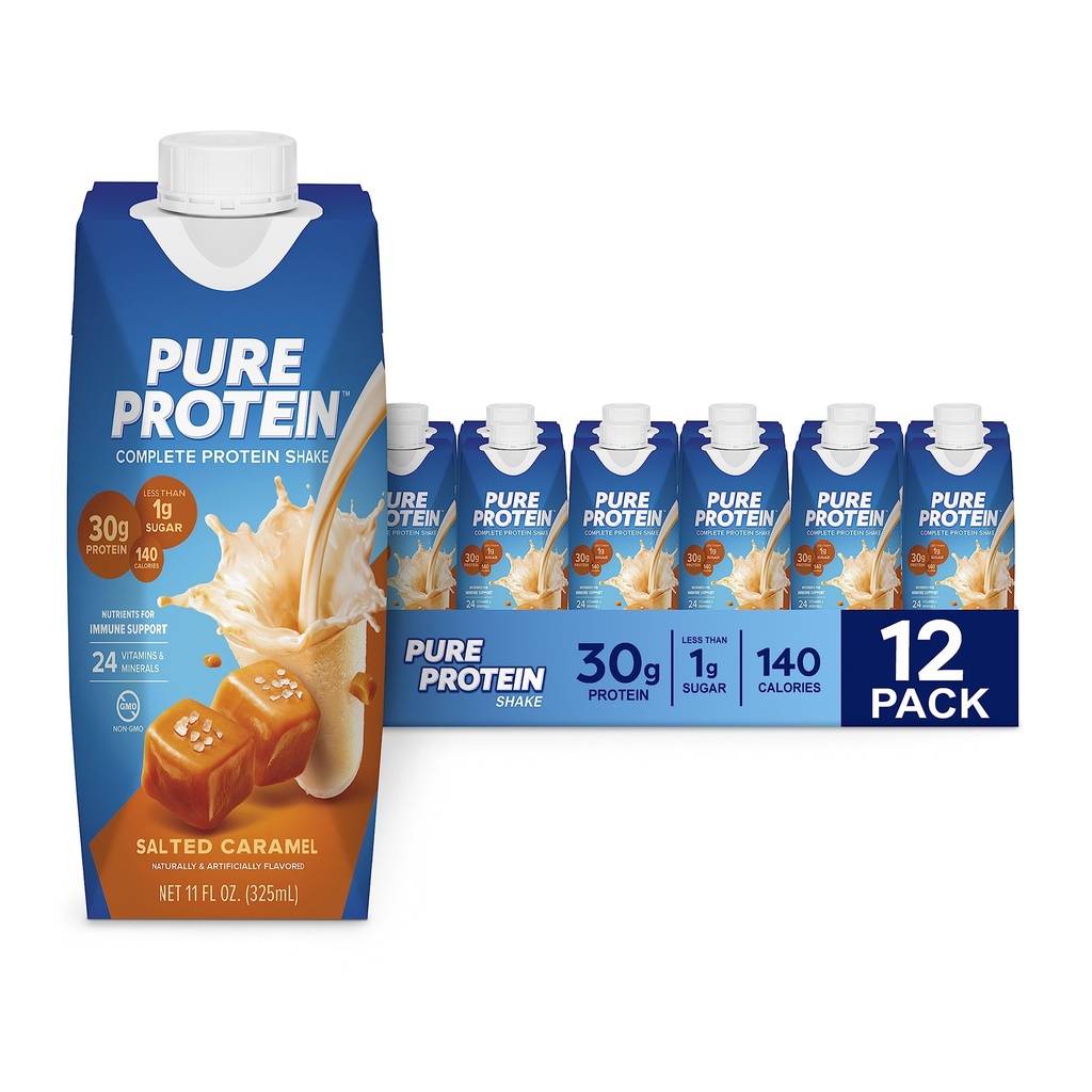Pure Protein Salted Caramel Shake, Ready to Drink and Keto-Friendly, Vitamine A, C, D e E Plus Zinc per sostenere la salute immunitaria, 11 Oz, 12 Conte