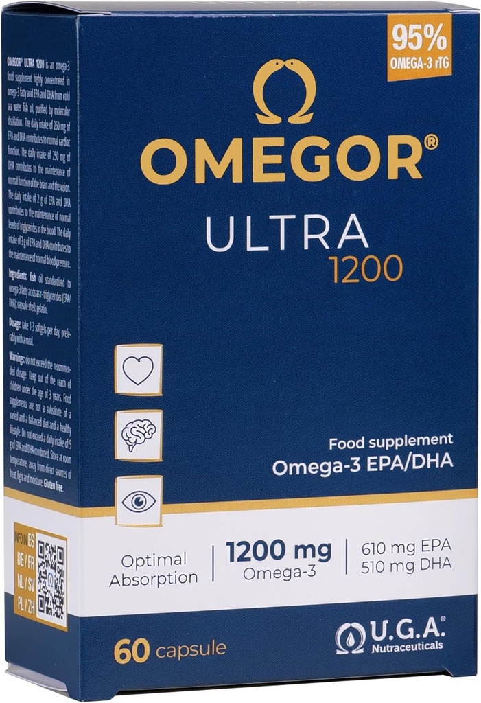 OMEGOR Omega 3 Fish Oil 1200mg Ultra - 610mg EPA e 510 DHA Omega3 Certificato IFOS - Alta biodisponibilità e nessun retrogusto (60 Caps)
