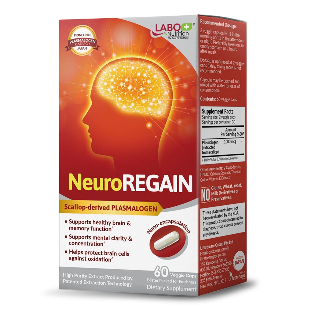 LABO Nutrition NeuroREGAIN - PLASMALOGEN derivato da scala per la rilevazione del cervello, la memoria, l'alertness, l'apprendimento, la concentrazione e altre funzioni cognitive – Adatto per anziani, uomini adulti e donne