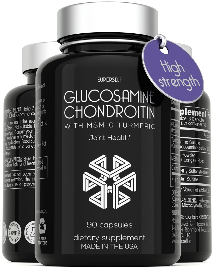 Glucosamina Condroitin MSM con Turmeric - Integratore di supporto congiunto ad alta resistenza per adulti Uomini & Donne - 90 capsule - 1500mg Glucosamine Sulfato per porzione