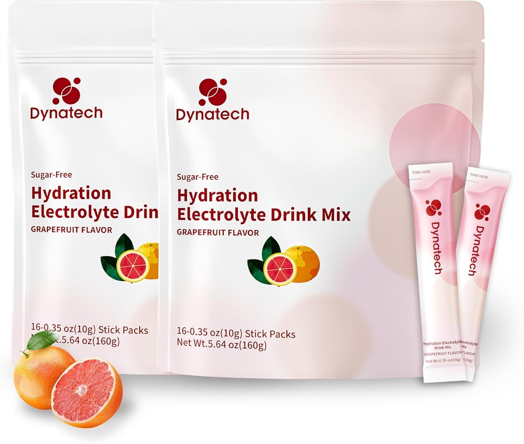 Dynatech Zero Sugar Electrolyte Drink Mix - Pompelmo - Pacchetti di polvere di idratazione con 10 elettroliti e vitamine | Non OGM, Gluten Free, Vegan Electrolytes Powder Packets | 32 Servings