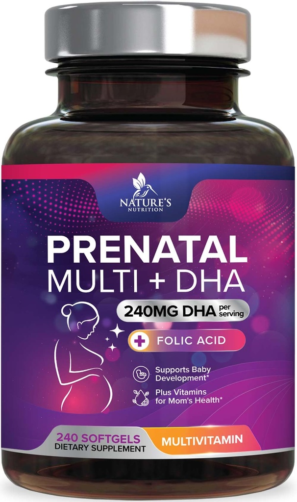 Vitamine Prenatali con Acido Folico & DHA, Supporto per lo sviluppo del cervello fetale con Folate & Omega 3's, Multivitamina Prenatale per le donne, Vitamina A, C, D, B6, B12 & Iron, Integratore di gravidanza - 240 Softgels