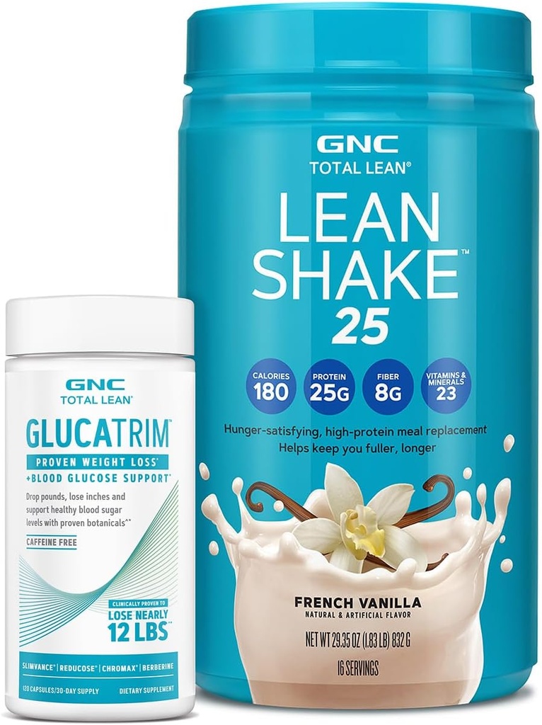 GNC Total Lean GlucaTrim - 120 Capsule (60 Serve) + GNC Total Lean | Lean Shake 25 Protein Powder | High-Protein Meal Sostituzione Shake | French Vanilla | 16 Serve