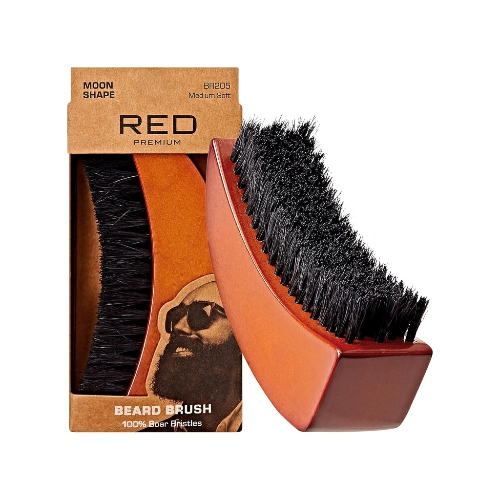 RED by Kiss Beard Brush con 100% naturale Boar Bristles per gli uomini, Pennello in legno Premium, Cuscinetti Mustaches Grooming Shaving Comb, Tame e Soften Facial Hair (MOON SHAPE)