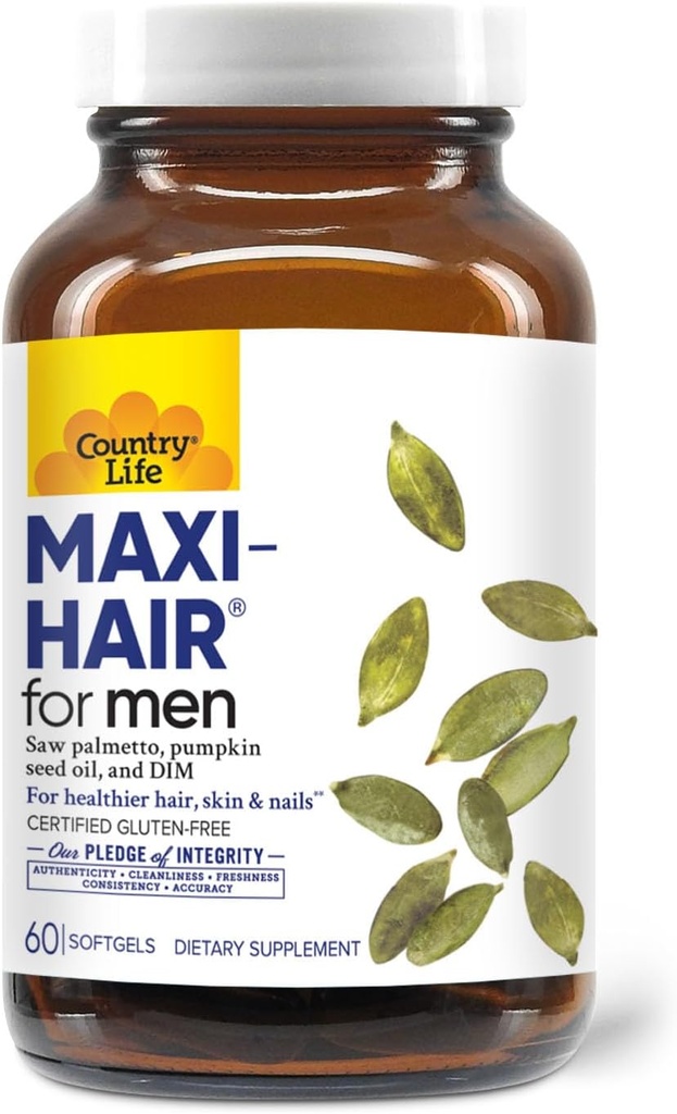 Vita di campagna Maxi-Hair per gli uomini - 2000mcg Biotina, Sega Palmetto, Olio di semi di zucca, DIM, Potassio, Magnesio, Calcio & Zinc Blend - Supporta capelli più sani, Scala, Pelle & Unghie, 60 capsule vegane