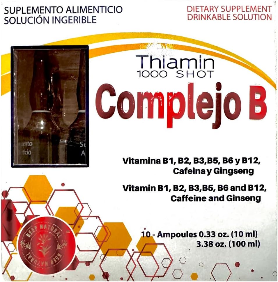 B Complex, Complejo B 1000 Shot | Multi-Vitamins, Caffeina e Ginseng | Box con 10 Ampoules di 10ml | Energia, Funzione cognitiva e Miglioramento della Salute Metabolica.