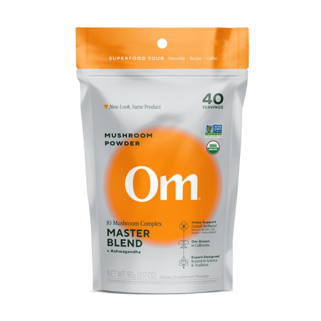 OM Master Blend Mushroom Powder – Organic Mushroom Supplement con 10 Funghi e Ashwagandha - Support Immunity, Gut Health & Stress Relief, 3.17 oz (40 Serve)