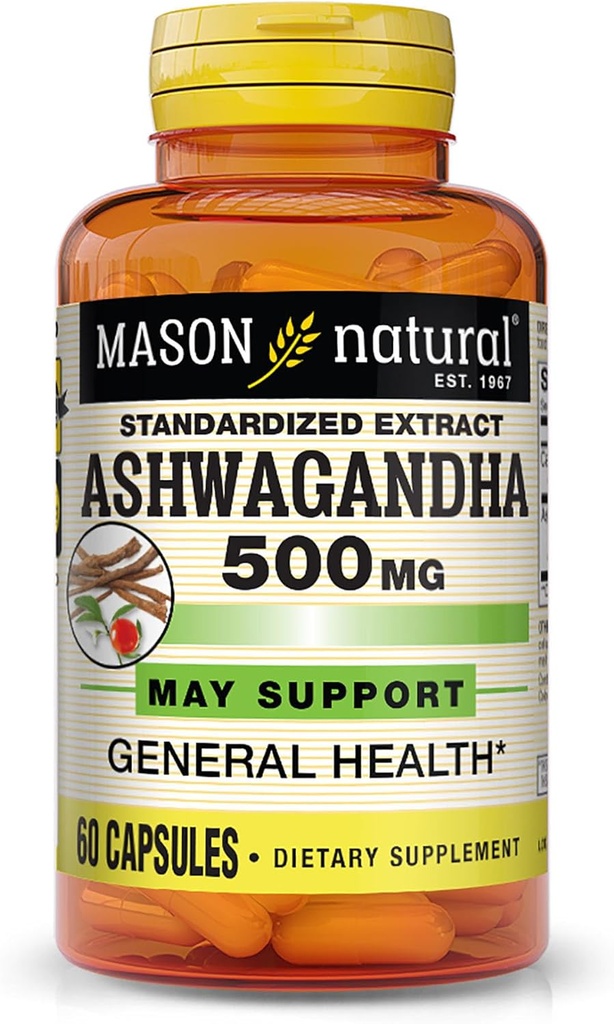 Mason Natural Ashwagandha 500 mg, Adaptogen per lo stress e il supporto energetico, supplemento di erbe, alimentazione di 60 giorni