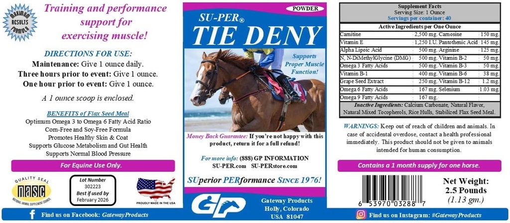 SU-PER Tie Deny Energy Horse Supplement - Supporta la corretta funzione muscolare in Performance Horses - Normal Circulation & Oxygen Uptake, Energy Production, Fatigue Delay - 2.5 Pound, (2 Pack)