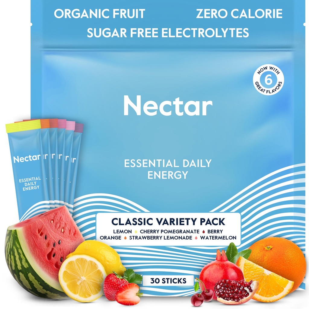 Nectar Energy Booster - Organic Caffeine, B12 & Electrolytes - Sugar Free & Zero Calorie – Caffetteria sana, Energy Drink & Soda Alternative – Hydration & Energy Supplement (Variety 30 Powder Packets)