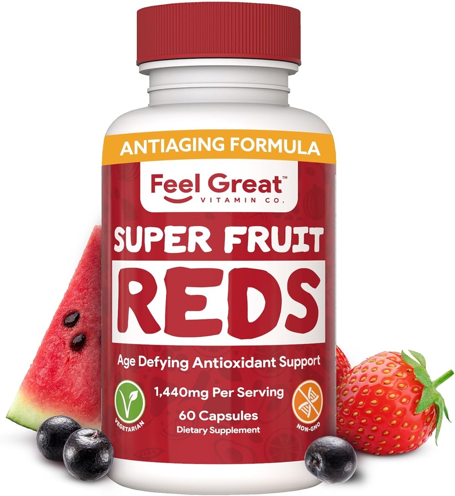 Feel Great Vitamins Superfruit Reds – Antiossidante Superfood con Polyphenols per il supporto anti-invecchiamento & Immune – Acai, Mangosteen, Pomegranate, Blueberry & Much More – 60 capsule