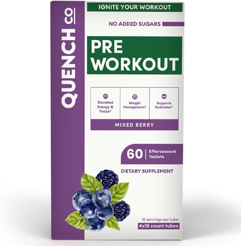 Quench Pre Workout per Men & Women Effervescent Tablets - Boosts Energy & Focus con L-Arginina, caffeina naturale - Supporta la gestione del peso & Hydration - Vegan, Keto, Soy-Free 60 Count