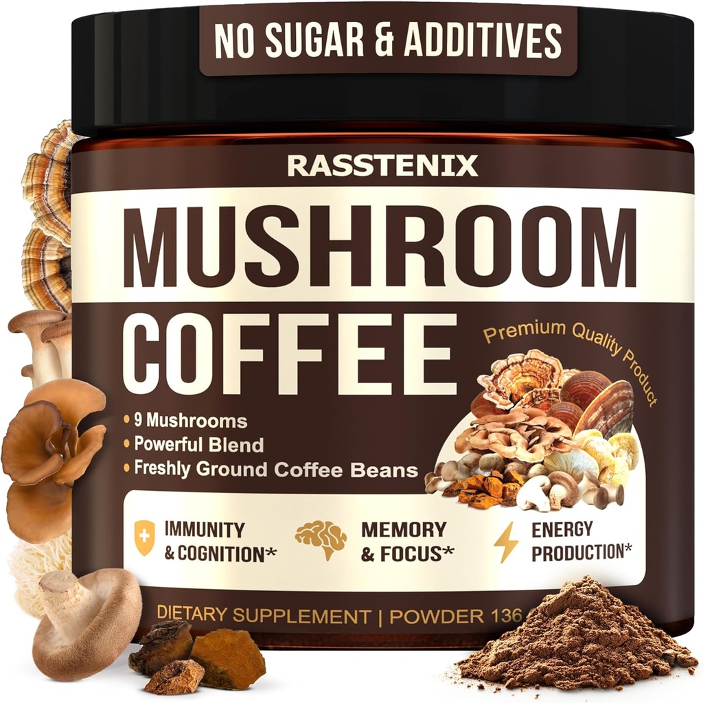 Mushroom Coffee Organic - 9 Mushroom Adaptogen Mix - Lion's Mane, Chaga, Turchia Tail, Reishi, Shiitake - Caffè Mushrooms istantaneo per Gut Health, Energy, Clarity mentale - 60 Servings