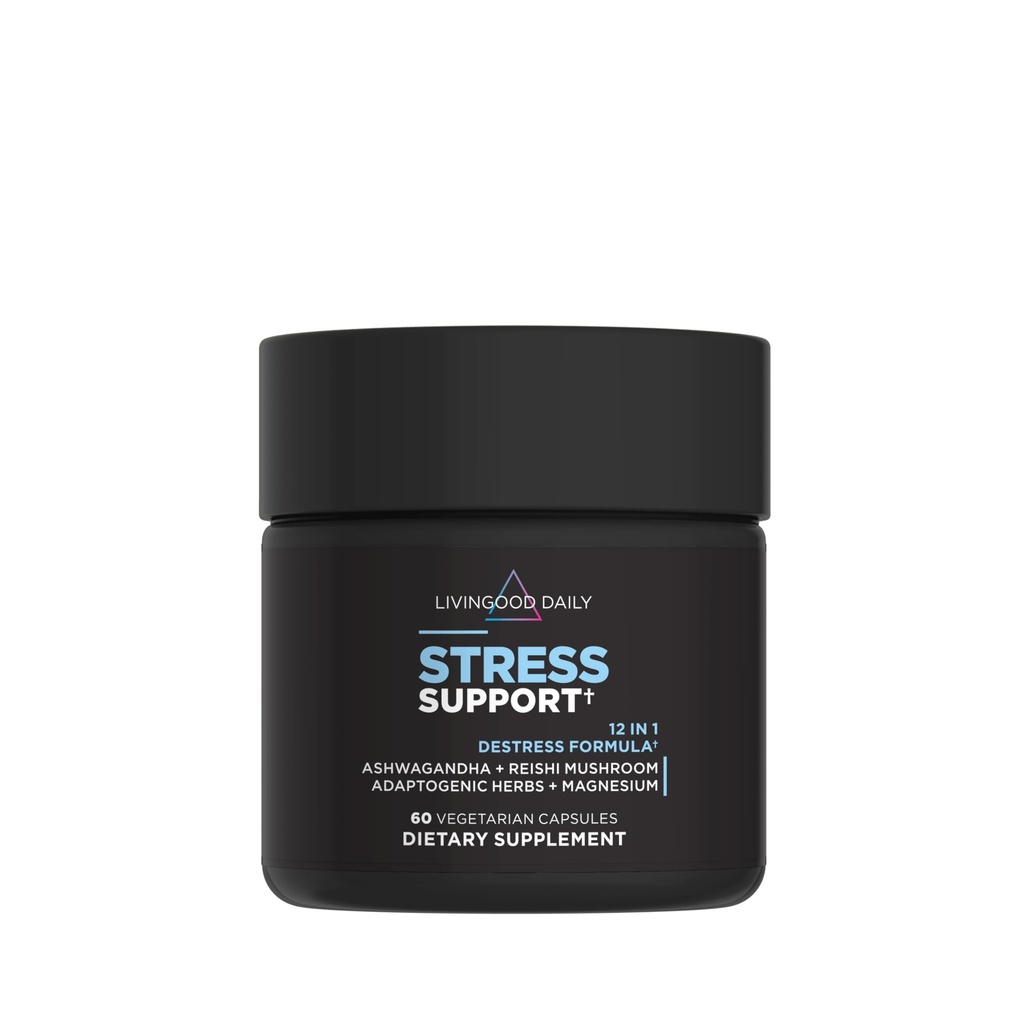 Livingood Daily Stress Support, 12-in-1 Supplemento con Ashwagandha, Reishi Mushroom, Vitamina B6, Erbe adaptogene & Magnesio, Supporta Mood & Calm, Gluten Free, Vegan, 60 Capsule Vegetariani