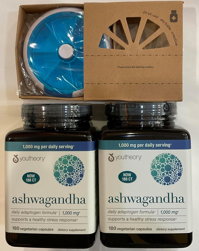 Youtheory Ashwagandha 1000mg con KSM-66 - Aiuta a sostenere una risposta sana di stress,180 capsule (pacchetto di 2) e pillole Orgnizer Bundles