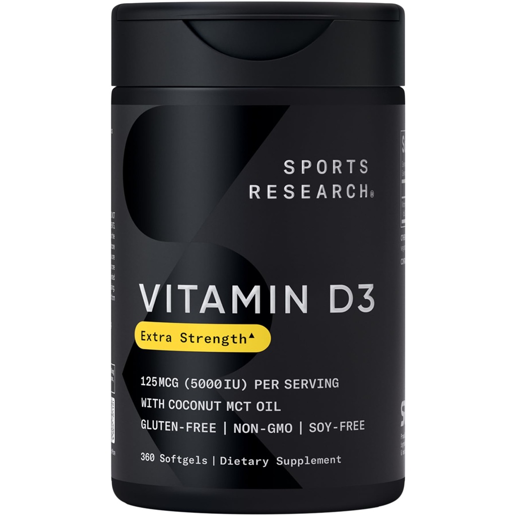Vitamina D3 w/Coconut MCT olio - Vitamina D3 5000iu ad alta potenza (125mcg) Integratore per il supporto Immune & Bone - Olio senza semi - Non OGM - Gluten Free (360 Liquid Softgels)