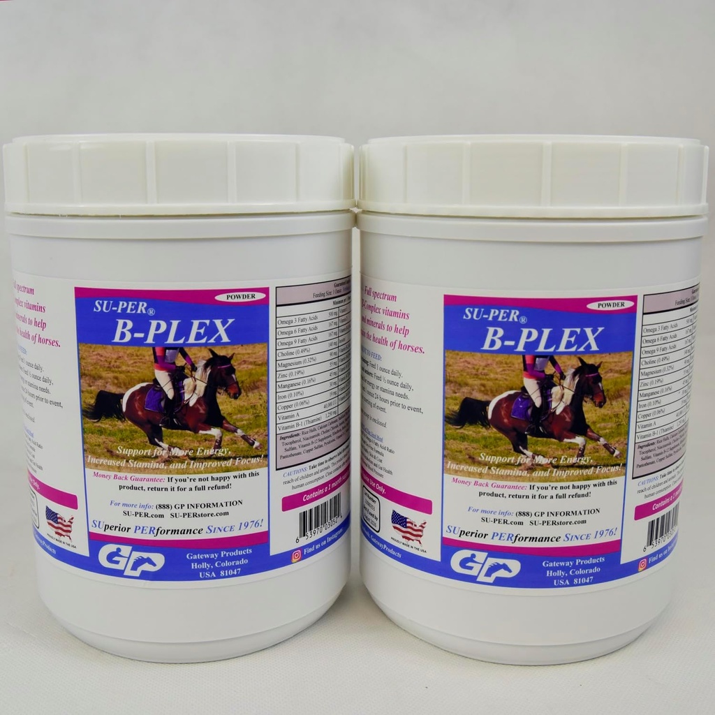 SU-PER B-Plex Powder Equine Vitamins - Integratore completo di B-Complex di vitamine e minerali - Hoove sane, globuli rossi, polvere di calma del cavallo - 2.5 Pounds, (2 Pack)