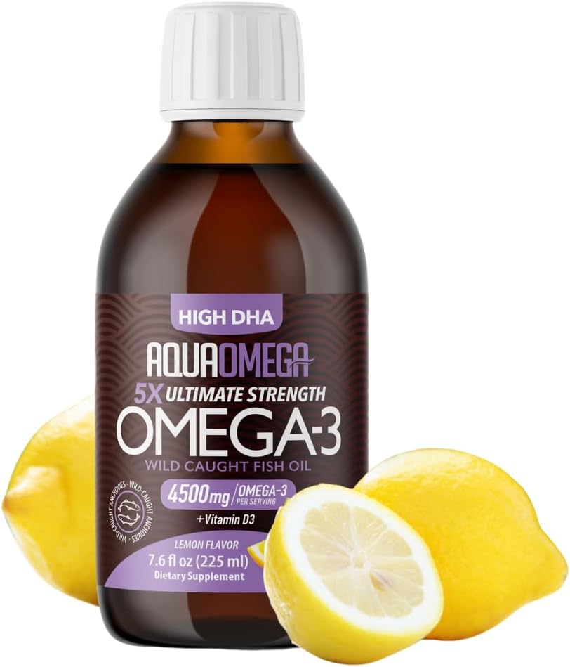 5X Ultimate Strength Omega 3 Fish Oil Liquid, Integratori di olio di pesce con acidi grassi DHA e EPA Omega3, Alta potenza Omega 3 con vitamina D, 7.60 floz, Limone Flavor