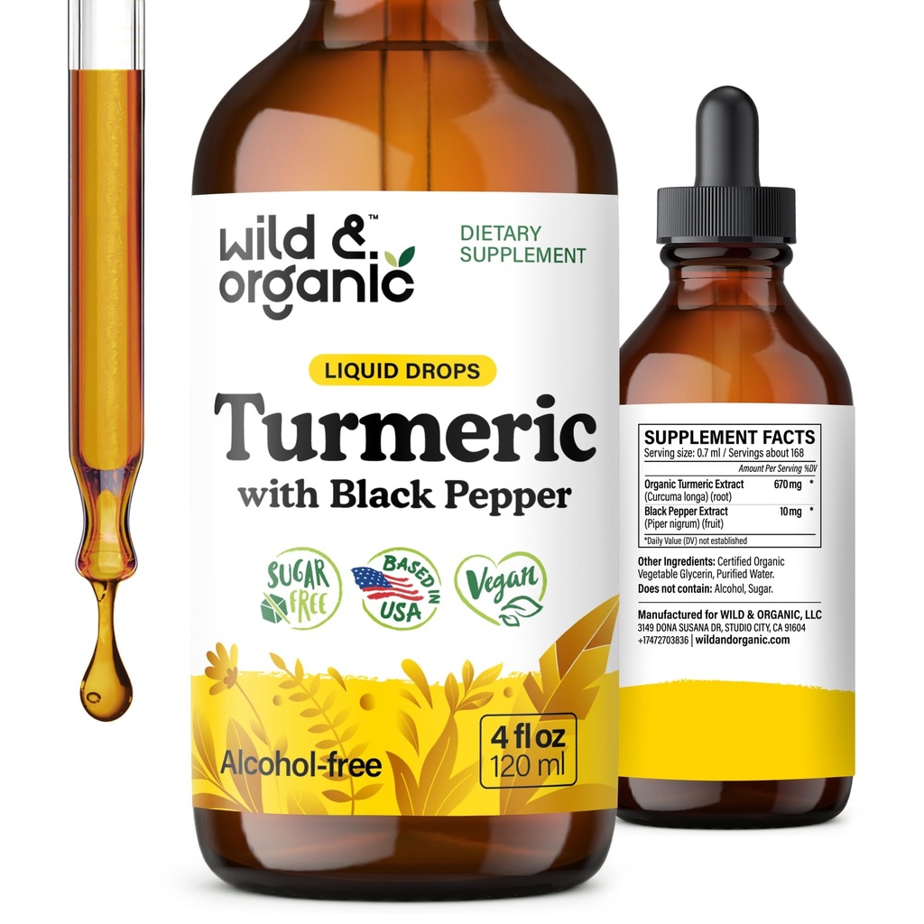 Tintura curcuma selvatica e organica - Curcumina curcuma con estratto di pepe nero - Integratore di supporto per la mobilità - Gocce liquide della radice curcumina - Vegan, Zucchero & Alcol-Free - 4 fl oz