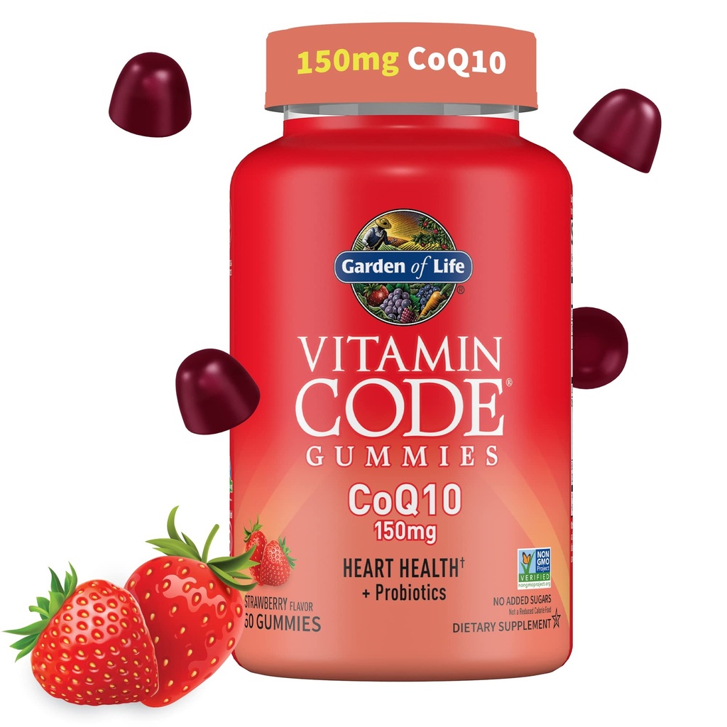 Giardino della vita Vitamina CoQ10 Gummies 150 mg, Coenzyme Q10 per la salute del cuore, la produzione di energia e l'invecchiamento sano + prebiotici e probiotici per la digestione, non OGM, senza glutine, 60 Gummies di fragola
