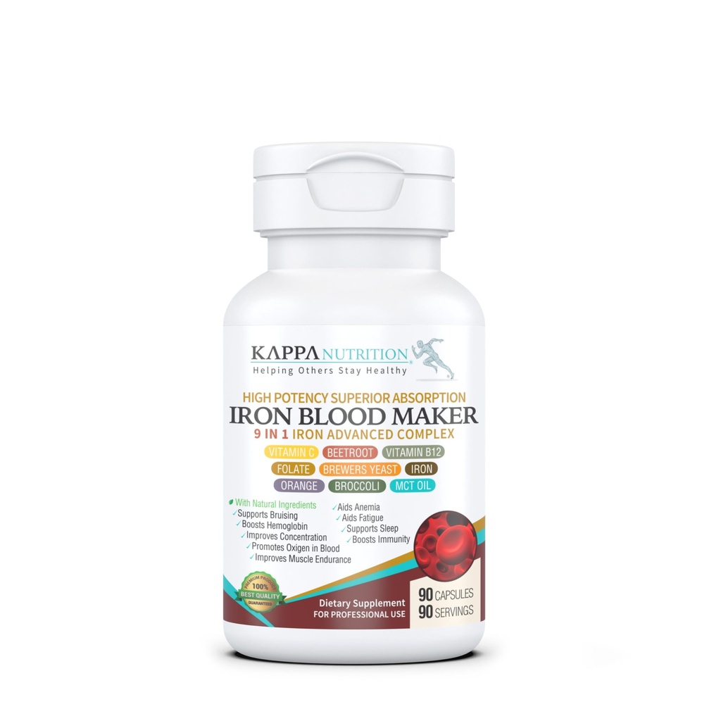 KAPPA NUTRITION Iron 26mg, Vitamina C & Orange 150mg, Folate 667mcg DFE, Vitamina B12, Beetroot, Birreria lievito, Broccoli & MCT olio 9 in 1 Complesso Avanzato (90 capsule)