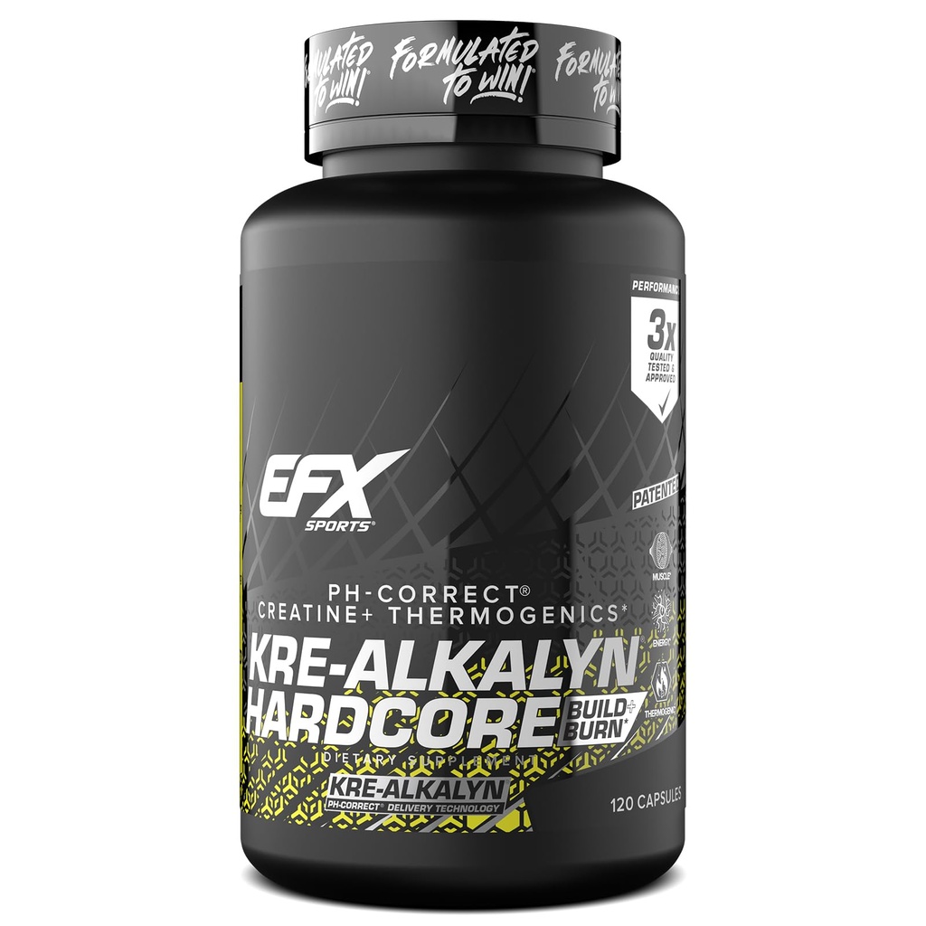 EFX Sports Kre-Alkalyn Hardcore | Termogenico pH Corretto Creatina Monoidrato pillola Supplemento | Energy & Strength Pre Workout | 40 Serve, 120 Capsule