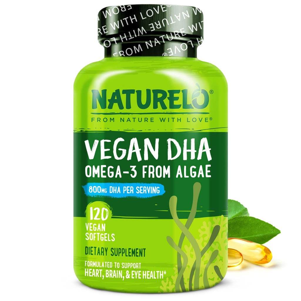 NATURELO Vegan DHA - Omega 3 olio da alghe - Supplemento per cervello, cuore, giunto, salute degli occhi - Fornisce acidi grassi essenziali per le donne Uomini e bambini - Complementi Vitamine prenatali - 120 Softgels