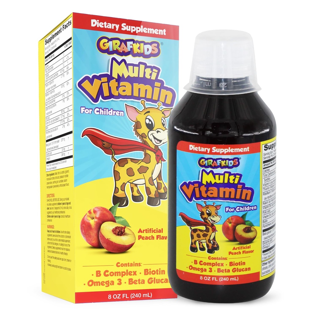 GirafKids Liquid Multivitaminico per Bambini Età 4+, 8oz - Vitamine giornaliere per bambini con Biotina, Vitamina A, Complesso B, Acido Folico, Omega-3 & Beta Glucan - Integratore alimentare per la crescita e l'energia dei bambini