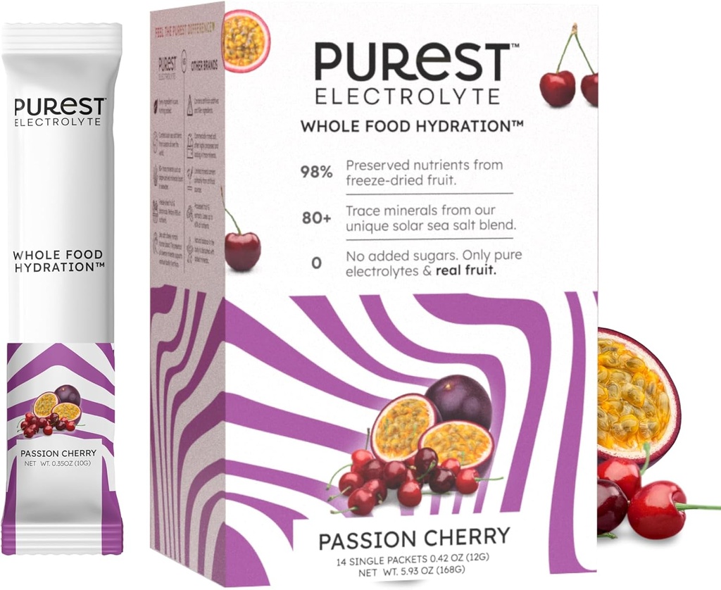 Imballi della polvere della ciliegia della passione di Brainer Purest – Tutta l'idratazione alimentare - Frutta organica congelata e sali del mare solare per l'equilibrio finale dell'elettrolita