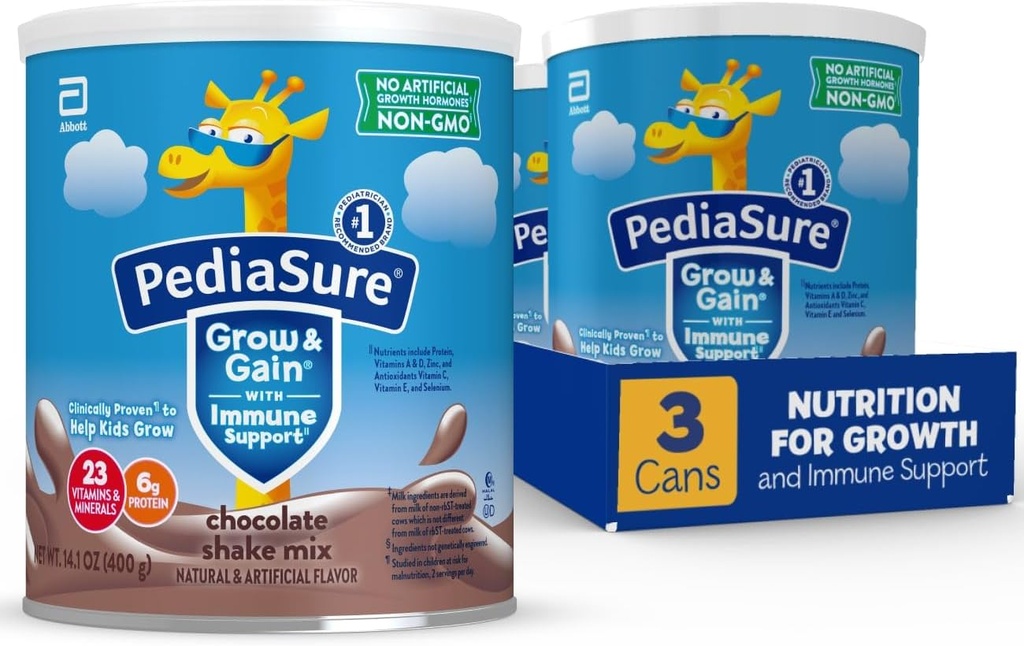 PediaSure Grow & Gain with Immune Support Shake Mix Powder, 23 Vitamine & Minerals, 6g Protein, Non OGM, Gluten-Free, Chocolate, 14.1 oz Can, Confezione da 3-24 porzioni