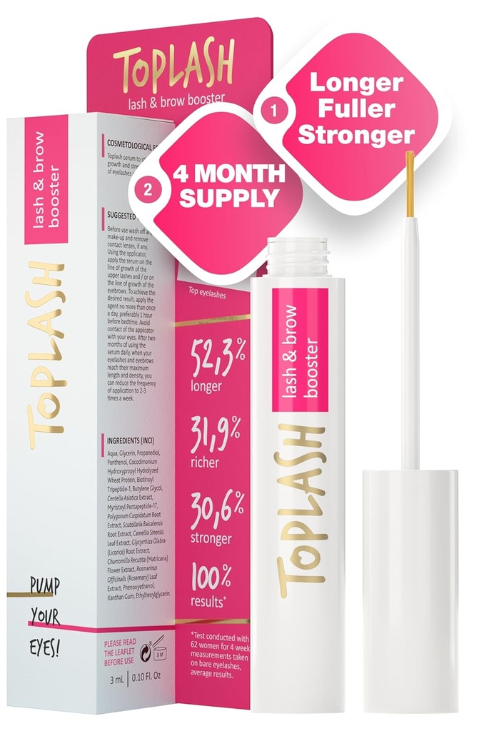 TOPLASH Eyelash Growth Serum - Formula innovativa per le più lunghe, più spesse, più piene Brows & Lashes - naturale, privo di crudeltà e soluzioni anallergiche - 0.10 fl.oz.
