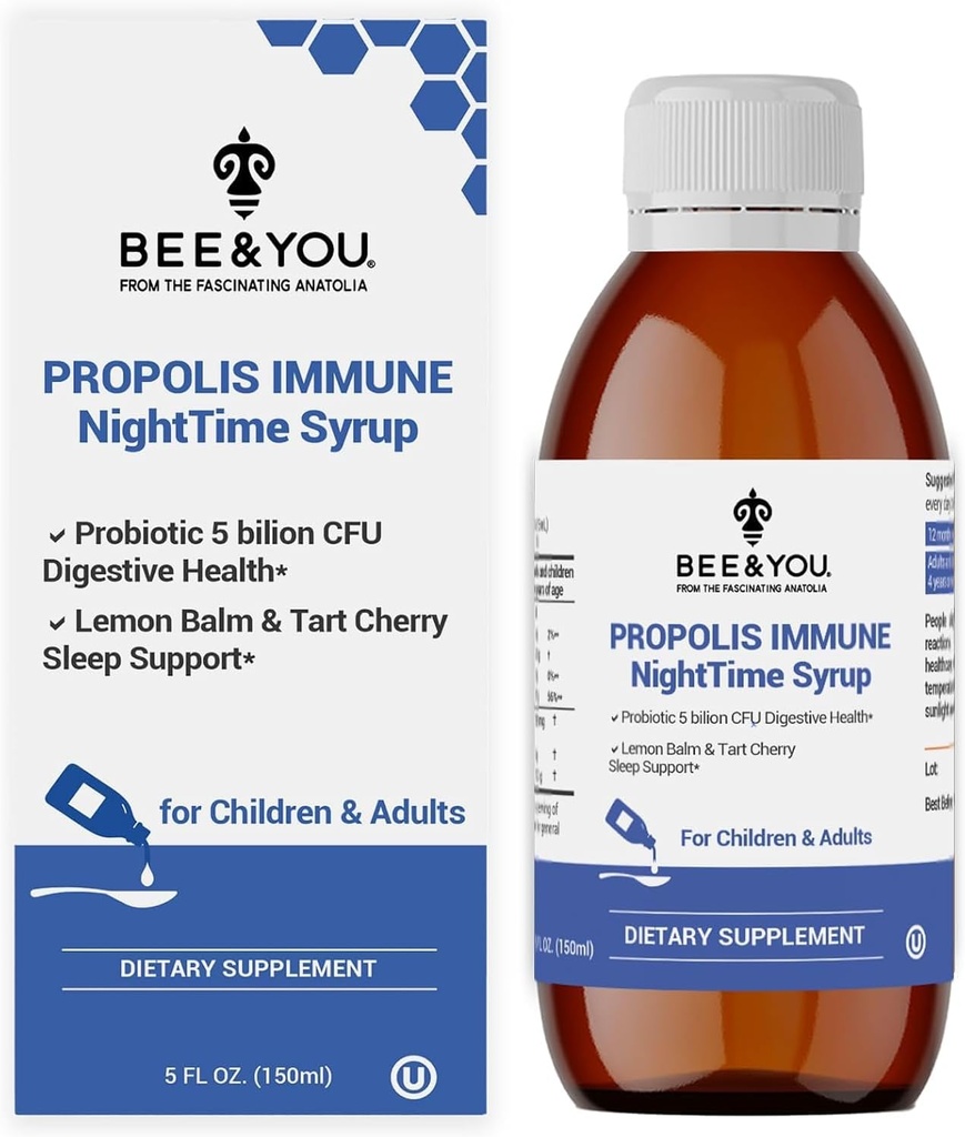 Bee and You Propolis Nighttime Syrup con Probiotic, Vitamina C e Elderberry - Formula geniale per adulti e bambini, 5 Fl Oz