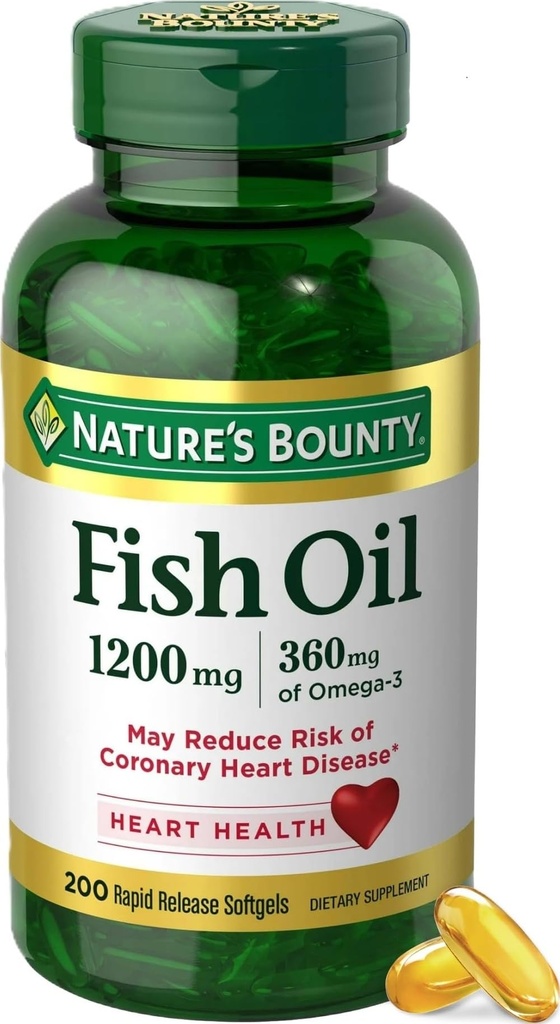 Bounty Fish Oil Omega 3 Integratori - Supporta la salute del cuore, 1200 Mg Fish Oil, Omega-3, 200 Softgels (Pack of 1)
