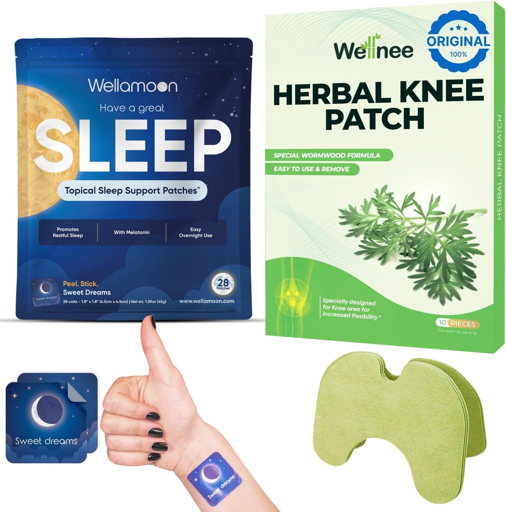Wellnee & Wellamoon Wellness Pack: Herbal Knee Comfort Patches (10 Conte) & Natural Sleep Support Patches (28 Conte) – Joint & Muscle Comfort with Plant-Based Sleep Aid